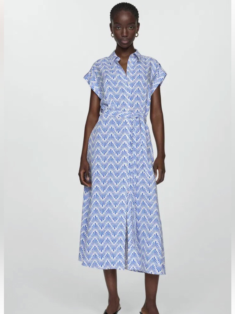 Mango Blue Apple Abstract Print Shirtcollar Midi Dress